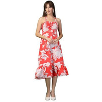 Oomph! Women's Western & Fusion Wear Printed Crepe Dress For Women, Smocked Bodice, Red - Md1050