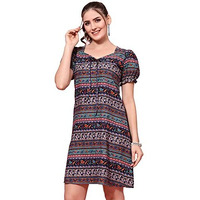 Oomph! Women's Western & Fusion Wear Mini/Short Sheath Multicolor Dress In Crepe Fabric With U - Neck And Puff Sleeves - Md608L