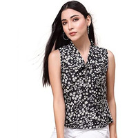Oomph! Women's Crepe Printed Top With Tie Neck And Sleeveless