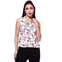 Oomph! Women's Crepe Printed Top With Tie Neck And Sleeveless
