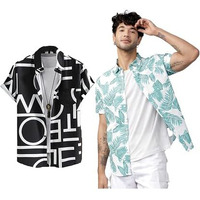 Lookmark Men's Cotton Blend Casual Beach Wear Shirts | Stylish Printed Shirts For Men | Comfortable Summer Wear | Party, Vacation & Daily Casuals (Pack Of 2) (Printed Shirt Adam Black-Green Leaf-S)