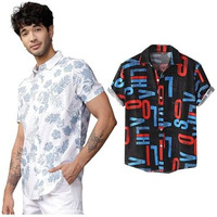 Lookmark Men's Cotton Blend Casual Beach Wear Shirts | Stylish Printed Shirts For Men | Comfortable Summer Wear | Party, Vacation & Daily Casuals (Pack Of 2) (Printed Shirt Blue Leaf-Alpha-M)