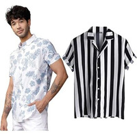 Lookmark Men's Cotton Blend Casual Beach Wear Shirts | Stylish Printed Shirts For Men | Comfortable Summer Wear | Party, Vacation & Daily Casuals (Pack Of 2) (Printed Shirt Blue Leaf-Zebra-S)