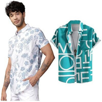Lookmark Men's Cotton Blend Casual Beach Wear Shirts | Stylish Printed Shirts For Men | Comfortable Summer Wear | Party, Vacation & Daily Casuals (Pack Of 2) (Printed Shirt Blue Leaf-Adam Blue-S)