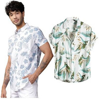 Lookmark Men's Cotton Blend Casual Beach Wear Shirts | Stylish Printed Shirts For Men | Comfortable Summer Wear | Party, Vacation & Daily Casuals (Pack Of 2) (Printed Shirt Blue Leaf-Elias-M)