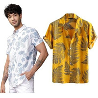Lookmark Men's Cotton Blend Casual Beach Wear Shirts | Stylish Printed Shirts For Men | Comfortable Summer Wear | Party, Vacation & Daily Casuals (Pack Of 2) (Printed Shirt Blue Leaf-Shiva-L)