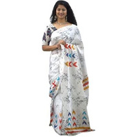 Kiaaron Womens Ikat Hand Block Print Jaipuri Cotton Mulmul Saree with Blouse Piece -White_Sup548