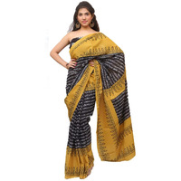 Kiaaron Womens Hand Block Kalamkari Batik Bagru Jaipuri Ikat Printed Handloom Pure Cotton Mulmul Traditional Ethnic Cotton Sarees With Printed Blouse Piece - Black