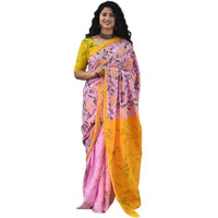 Kiaaron Womens Ikat Hand Block Print Jaipuri Cotton Mulmul Saree with Blouse Piece - Pink_180