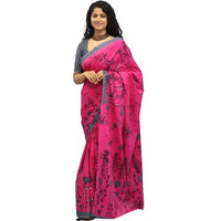 Kiaaron Womens Ikat Hand Block Print Jaipuri Cotton Mulmul Saree with Blouse Piece - Pink_175