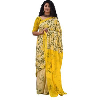 Kiaaron Womens Ikat Hand Block Print Jaipuri Cotton Mulmul Saree with Blouse Piece - Yellow_182