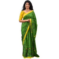 Kiaaron Womens Ikat Hand Block Print Jaipuri Cotton Mulmul Saree with Blouse Piece - Green_179