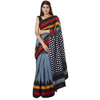 Kiaaron Handicrafts Womens Ikat Hand Block Print Jaipuri Cotton Mulmul Saree with Blouse Piece - _SH_37