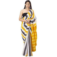 Kiaaron Handicrafts Womens Ikat Hand Block Print Jaipuri Cotton Mulmul Saree with Blouse Piece - _SH_34