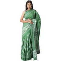 Kiaaron Handicrafts Womens Ikat Hand Block Print Jaipuri Cotton Mulmul Saree with Blouse Piece - _SH_46