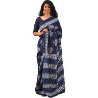 Kiaaron Womens Ikat Hand Block Print Jaipuri Cotton Mulmul Saree with Blouse Piece - Blue_46