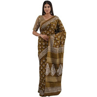 Kiaaron Handicrafts Womens Ikat Hand Block Print Jaipuri Cotton Mulmul Saree with Blouse Piece -Mustard_8