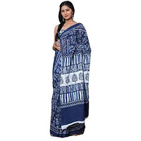 Kiaaron Womens Ikat Hand Block Print Jaipuri Cotton Mulmul Saree with Blouse Piece -Blue_Kia688