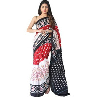 RedKiaaron Womens Hand Block Kalamkari Batik Bagru Jaipuri Ikat Printed Handloom Pure Cotton Mulmul Traditional Ethnic Cotton Sarees With Printed Blouse Piece - Red
