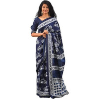 Kiaaron Womens Ikat Hand Block Print Jaipuri Cotton Mulmul Saree with Blouse Piece - Blue_45