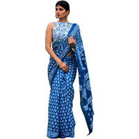Kiaaron Womens Hand Block Kalamkari Batik Bagru Jaipuri Ikat Printed Handloom Pure Cotton Mulmul Traditional Ethnic Cotton Sarees With Printed Blouse Piece - Blue