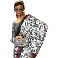 AKHILAM Womens Animal Print Crepe Printed Saree With Unstitched Blouse Piece (Off White_KLZE246016_RJ)