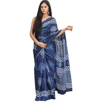 Kiaaron Womens Hand Block Kalamkari Batik Bagru Jaipuri Ikat Printed Handloom Pure Cotton Mulmul Traditional Ethnic Cotton Sarees With Printed Blouse Piece - Blue