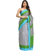 Kiaaron Womens Hand Block Kalamkari Batik Bagru Jaipuri Ikat Printed Handloom Pure Cotton Mulmul Traditional Ethnic Cotton Sarees With Printed Blouse Piece -Grey
