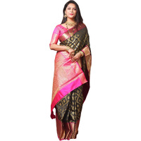 AMIRAT Clothing Womens Banarasi Wedding Designer Litchi Silk Saree With Unstiched Blouse Peice (Black)