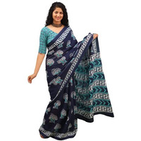 Kiaaron Handicrafts Womens Ikat Hand Block Print Jaipuri Cotton Mulmul Saree with Blouse Piece - Blue_2s