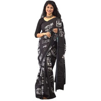 Kiaaron Womens Ikat Hand Block Print Jaipuri Cotton Mulmul Saree with Blouse Piece -Black_Kia460