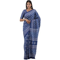 Kiaaron Handicrafts Womens Ikat Hand Block Print Jaipuri Cotton Mulmul Saree with Blouse Piece - Blue_2