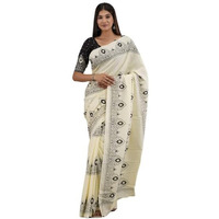 Kiaaron Handicrafts Womens Ikat Hand Block Print Jaipuri Cotton Mulmul Saree with Blouse Piece - Cream_5