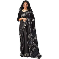 Kiaaron Womens Ikat Hand Block Print Jaipuri Cotton Mulmul Saree with Blouse Piece - Black
