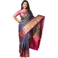 AMIRAT Clothing Womens Banarasi Wedding Designer Litchi Silk Saree With Unstiched Blouse Peice (Navy Blue)