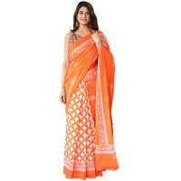 Kiaaron Womens Hand Block Kalamkari Batik Bagru Jaipuri Ikat Printed Handloom Pure Cotton Mulmul Traditional Ethnic Cotton Sarees With Printed Blouse Piece - Orange