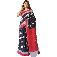 Kiaaron Womens Hand Block Kalamkari Batik Bagru Jaipuri Ikat Printed Handloom Pure Cotton Mulmul Traditional Ethnic Cotton Sarees With Printed Blouse Piece - Black