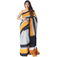 Kiaaron Womens Hand Block Kalamkari Batik Bagru Jaipuri Ikat Printed Handloom Pure Cotton Mulmul Traditional Ethnic Cotton Sarees With Printed Blouse Piece - White
