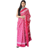 Kiaaron Womens Hand Block Kalamkari Batik Bagru Jaipuri Ikat Printed Handloom Pure Cotton Mulmul Traditional Ethnic Cotton Sarees With Printed Blouse Piece - Pink