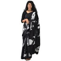 Kiaaron Womens Ikat Hand Block Print Jaipuri Cotton Mulmul Saree with Blouse Piece - Black_299