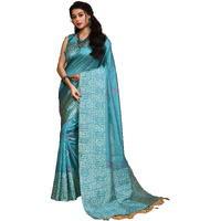NK Textiles Womens Warli/Tribal Design Thread Woven Handloom Raw Silk Saree With Tassels (20 Designs & Colors), Green