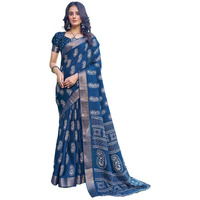SIRIL Womens Silk Floral Printed Zari Border Saree With Unstitched Blouse Piece (3645S1363_Dark Blue)