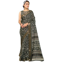 SIRIL Womens Silk Geometric Printed Zari Border Saree With Unstitched Blouse Piece (3645S1355_Dark Grey)