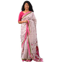 Kiaaron Womens Ikat Hand Block Print Jaipuri Cotton Mulmul Saree with Blouse Piece - Pink_327