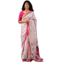 Kiaaron Womens Hand Block Kalamkari Batik Bagru Jaipuri Ikat Printed Handloom Pure Cotton Mulmul Traditional Ethnic Cotton Sarees With Printed Blouse Piece - White_Pink