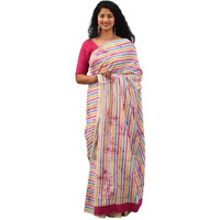 Kiaaron Womens Ikat Hand Block Print Jaipuri Cotton Mulmul Saree with Blouse Piece - White_329