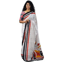 Kiaaron Womens Ikat Hand Block Print Jaipuri Cotton Mulmul Saree with Blouse Piece - White_328