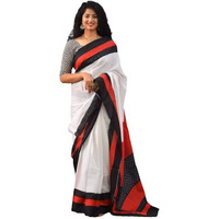 Kiaaron Womens Ikat Hand Block Print Jaipuri Cotton Mulmul Saree with Blouse Piece - White_326