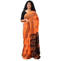 Kiaaron Womens Ikat Hand Block Print Jaipuri Cotton Mulmul Saree with Blouse Piece - Orange_95