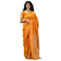 Kiaaron Womens Ikat Hand Block Print Jaipuri Cotton Mulmul Saree with Blouse Piece -Yellow_Kia28